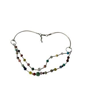 Colorful Semi Precious Stone Beaded Necklace Silvertone Chain Cord Lobster Clasp